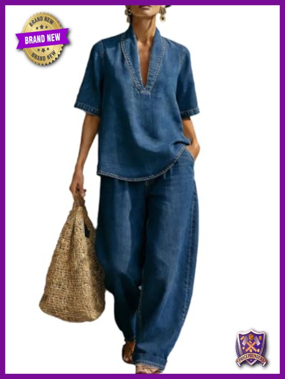 Wuitrie Denim Two Piece Set V Neck Short Sleeve Blouse Wide Leg Jeans Casual